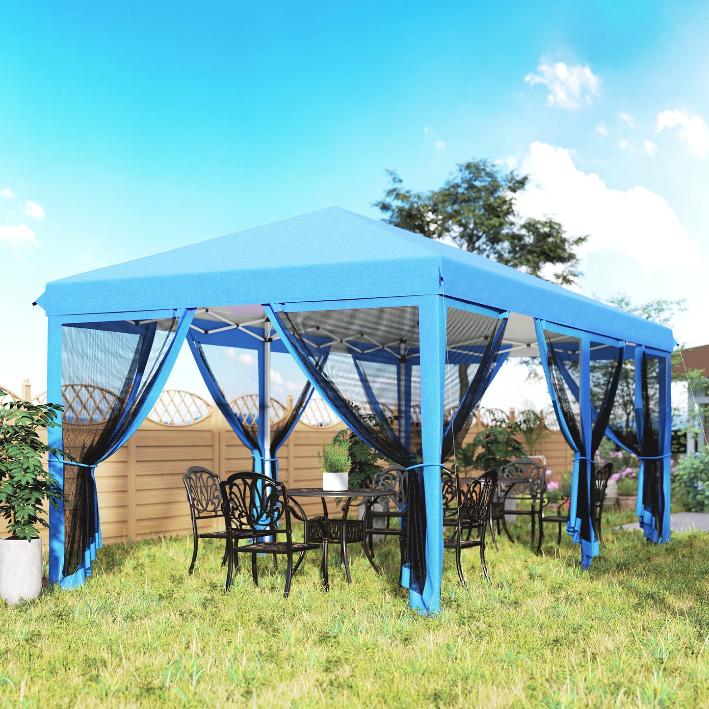 Outsunny 3 x 6m Pop Up Gazebo, Outdoor Canopy Shelter, Marquee Party Wedding Tent with 6 Mesh Walls and Carry Bag, Blue / Black