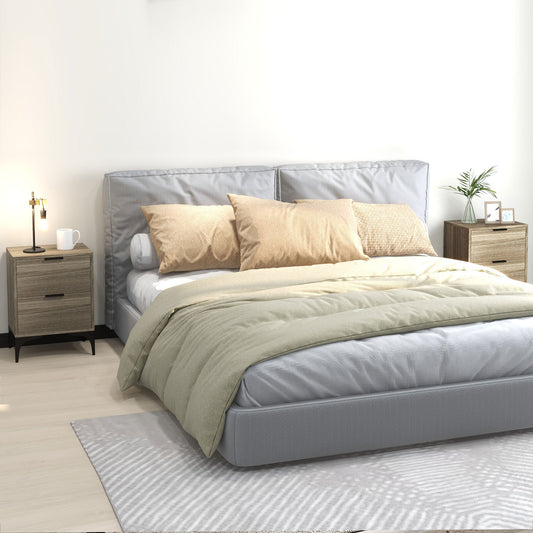 Bedside Tables Set of 2, Modern Nightstand with 2 Drawers, Small Sofa End Tables with Storage and Steel Legs for Bedroom, Living Room, Grey