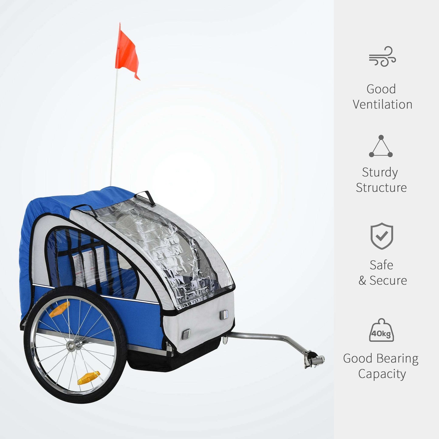 2 Seat Bike Trailer Bicycle wagon for Kids Child Steel Frame Safety Harness Seat Carrier Blue White 130 x 76 x 88 cm