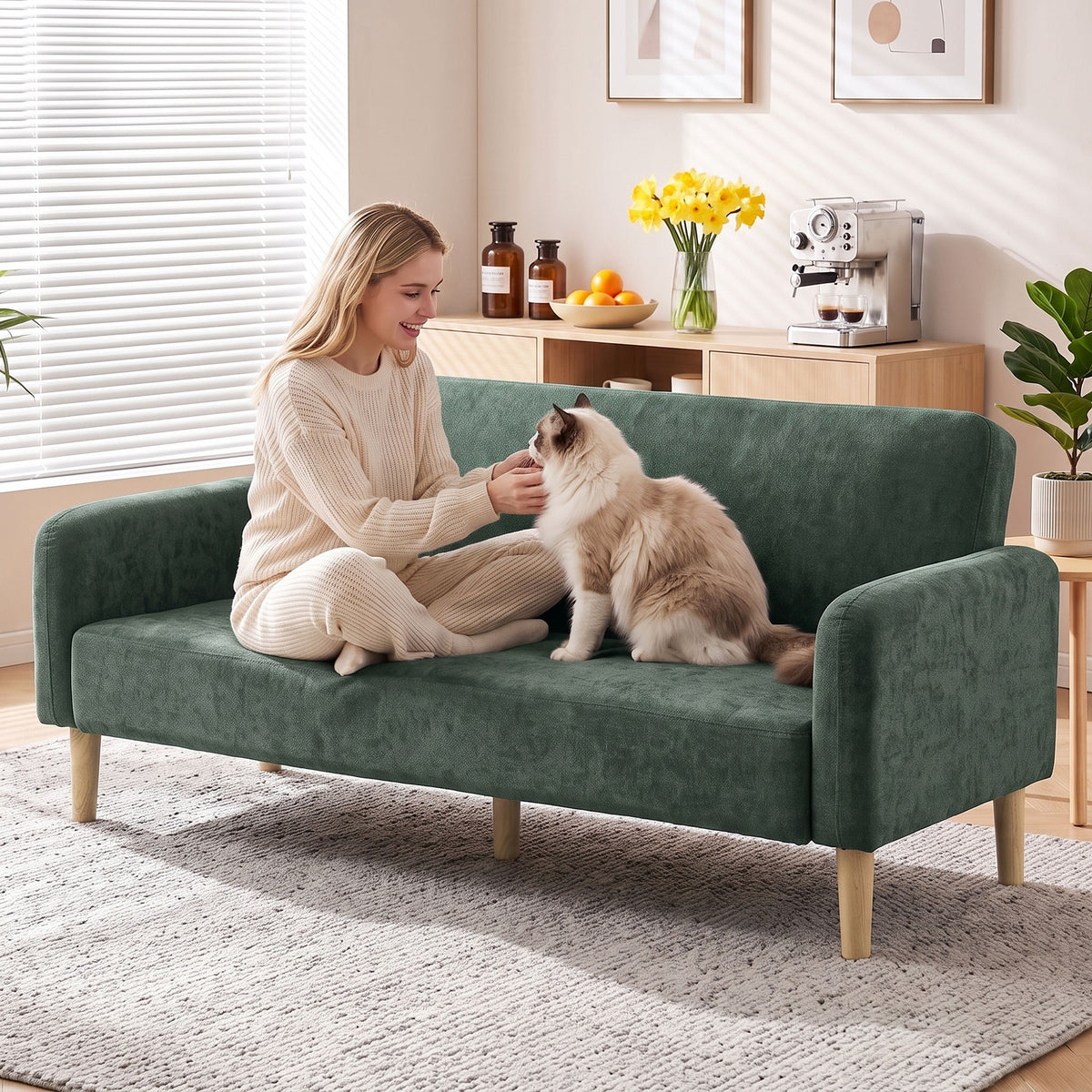 2 Seater Sofa | Dark Green Velvet-Feel Small Couch, 20cm Cushions & 240kg Capacity