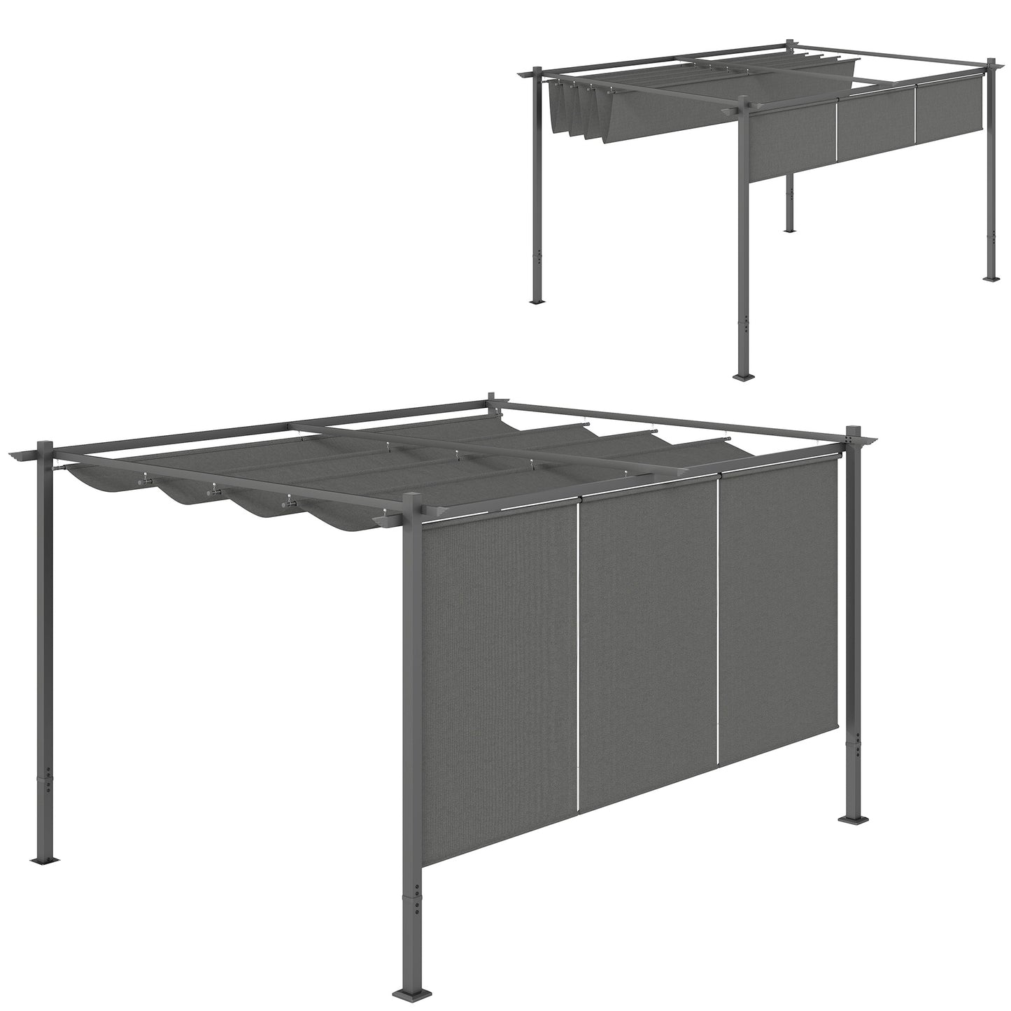 3 x 4m Metal Pergola with Retractable Roof and Roller Shade, Wall-Mounted or Free Standing Garden Gazebo Canopy Kit, Sun Shade Shelter, Grey