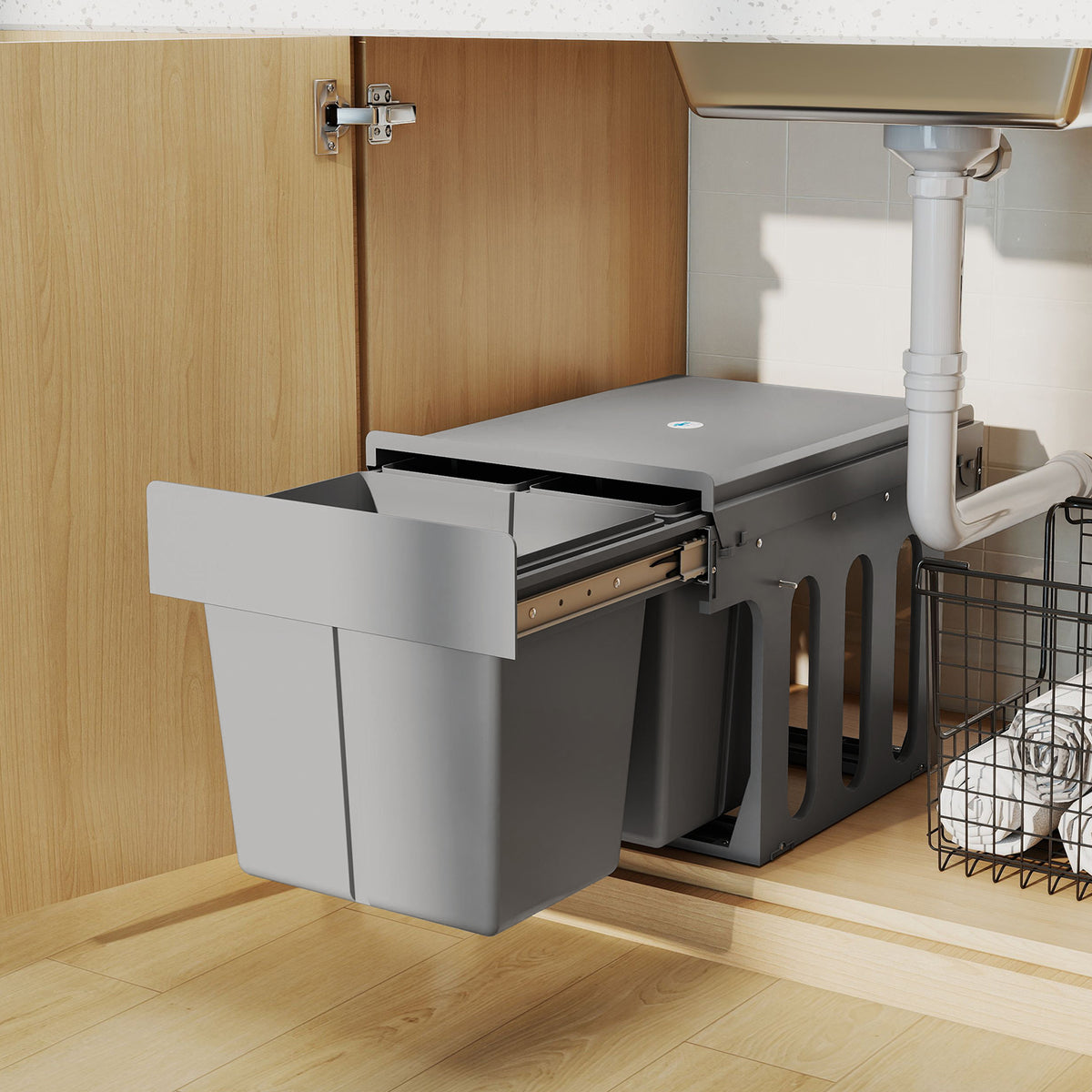Under Sink Pull Out Bin 31L | 3 Removable Compartments 15L + 2x8L | Damped Metal Rails | Odour-Seal Lid | Child & Pet Resistant | For 400mm Cabinets | ABS PP | Light Grey | 48x34.3x35.1cm