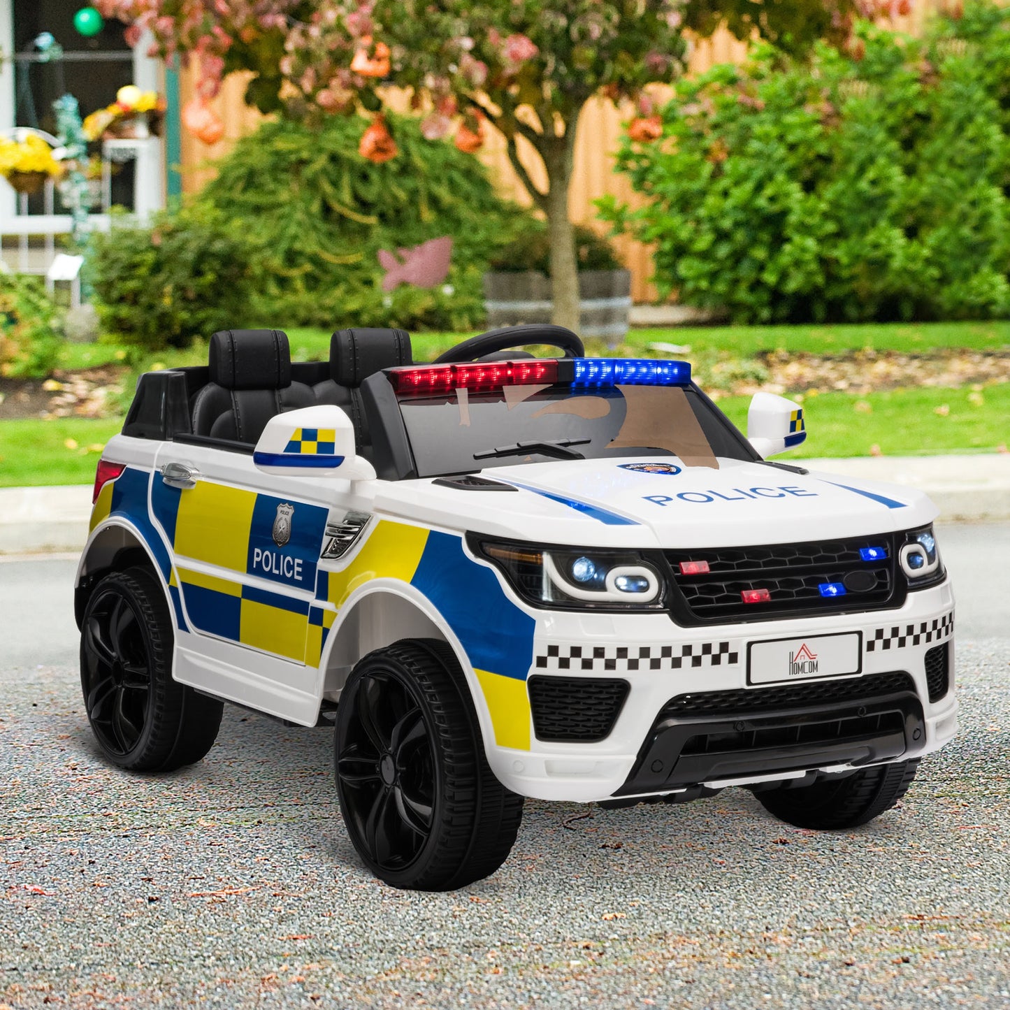 Kids Portable Electric Ride On Police Car With Parental Remote Control Siren Flashing Lights USB Bluetooth For 3-6 Years White 12v