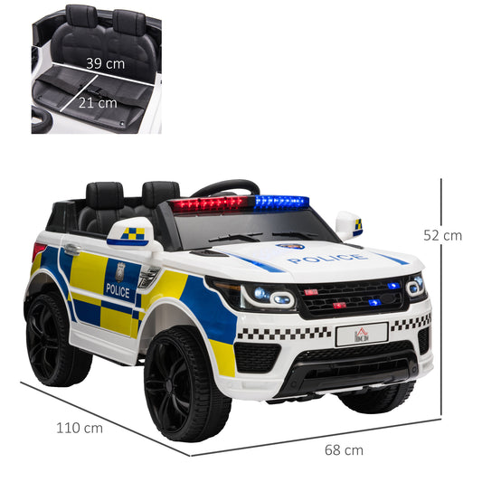 Kids Portable Electric Ride On Police Car With Parental Remote Control Siren Flashing Lights USB Bluetooth For 3-6 Years White 12v