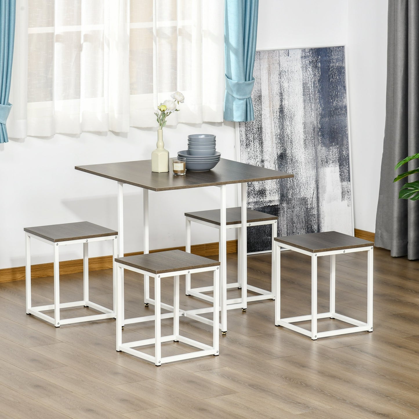 Modern 5-Piece Dining Table Set Metal Frame Square Kitchen Table With 4 Chairs for Dining Room, Walnut