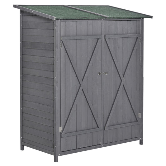 Wooden Garden Storage Shed Lockable Tool Cabinet Organizer W/ Storage Table, Double Door, 139 X 75 X 160 Cm, Grey