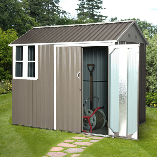 Outsunny 8 X 6 Ft Corrugated Metal Garden Storage Shed W/ Double Door Window Sloped Roof Outdoor Equipment Tool Storage Garden Grey