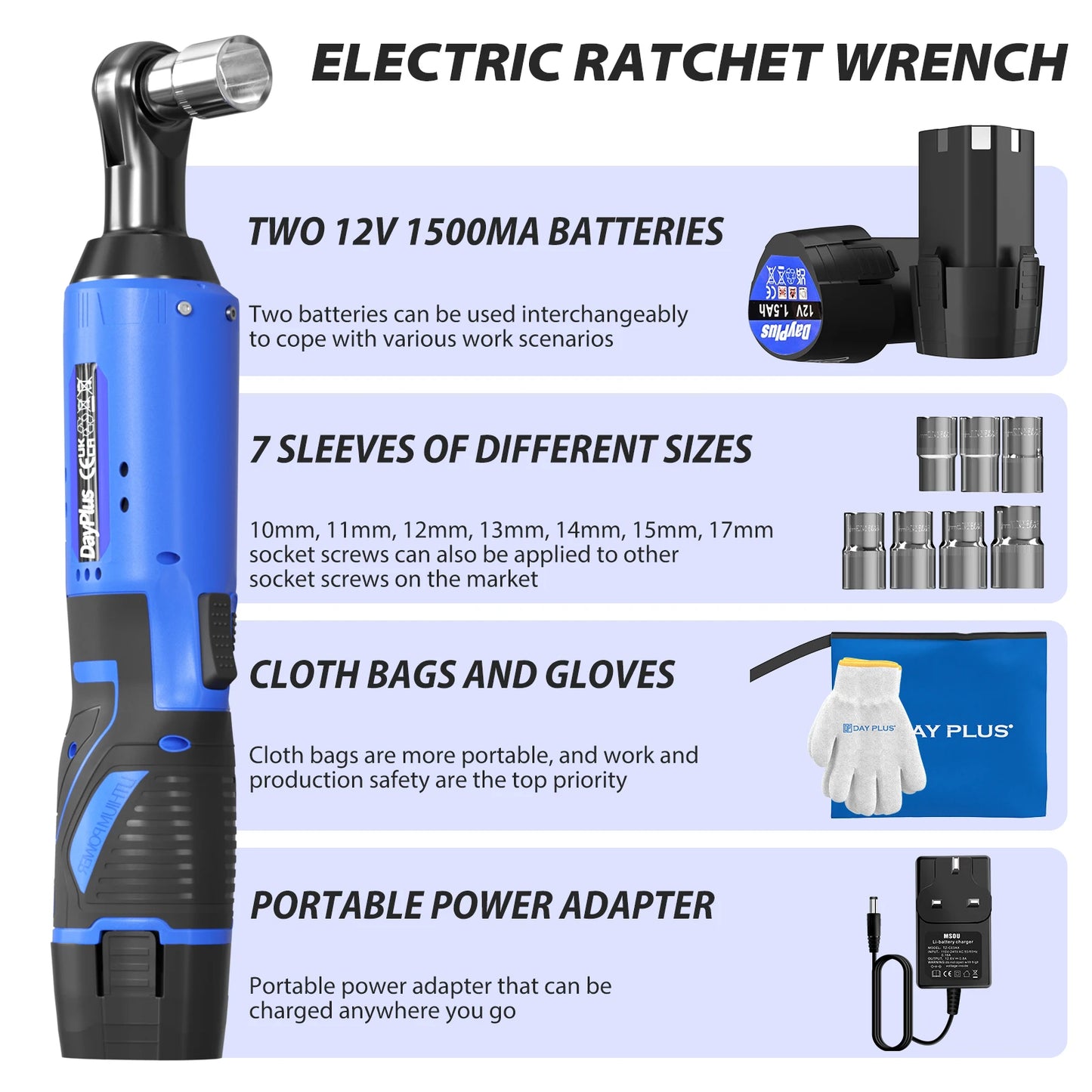 Dayplus 12V Right Angle Ratchet Wrench 3/8" Cordless Electric Screwdriver Removal Screw Nut Car Repair Lithium With 2 Batteries