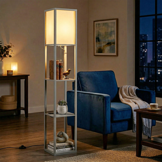 Floor Lamp with 3 Shelves | Column Design | MDF | E27 LED Included | Foot Switch | 160cm | 2.5kg per Tier | Grey