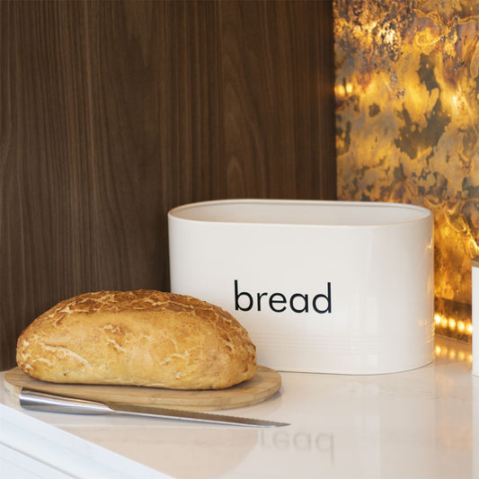 Maison & White Bread Bin with Bamboo Chopping Board Lid | Painted Cold Rolled Iron | Keeps Bread Fresh | Vintage Retro Style | Dual-Use Bamboo Lid | Easy Wipe Clean | 34x18x19cm | 2-Year Guarantee