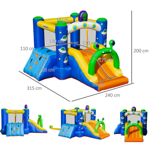 Outdoor 4 in 1 Kids Bounce Bouncy Castle Large Alien Style Inflatable House Slide Trampoline Climbing Wall Basket For Kids Age 3-8, 3.2 X 2.4 X 2m