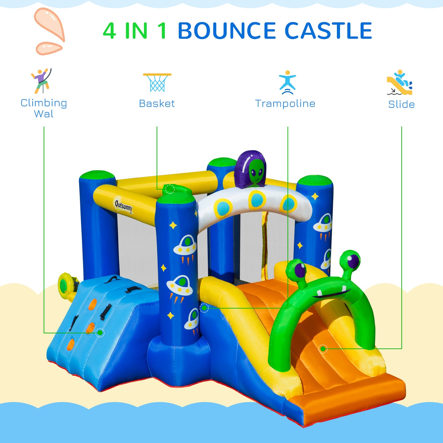 Outdoor 4 in 1 Kids Bounce Bouncy Castle Large Alien Style Inflatable House Slide Trampoline Climbing Wall Basket For Kids Age 3-8, 3.2 X 2.4 X 2m