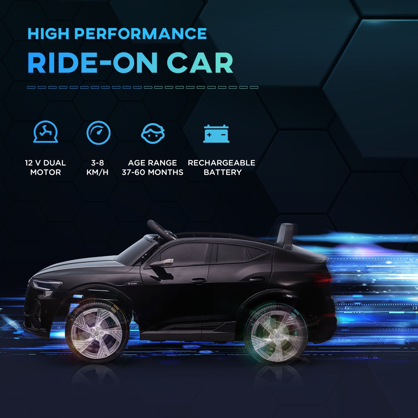 Kids Electric Ride-On Sports Car, 12V Two Motors Battery Powered Toy With Remote Control, Lights, Music, Horn - Black