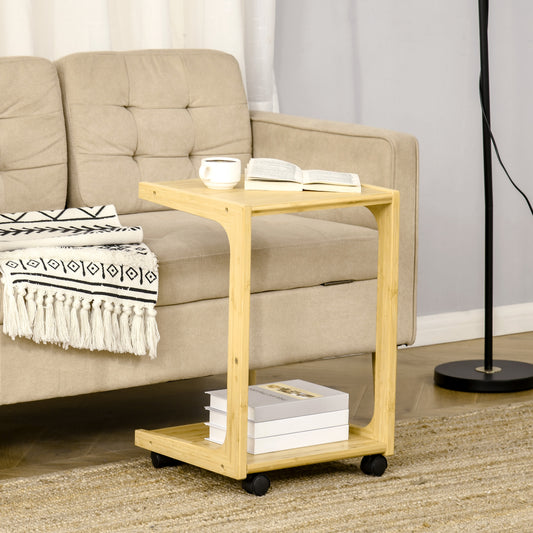C-Shaped Side Table, Mobile End Table, Under Sofa Table with Wheels, Natural Bamboo Frame for Living Room, Bedroom