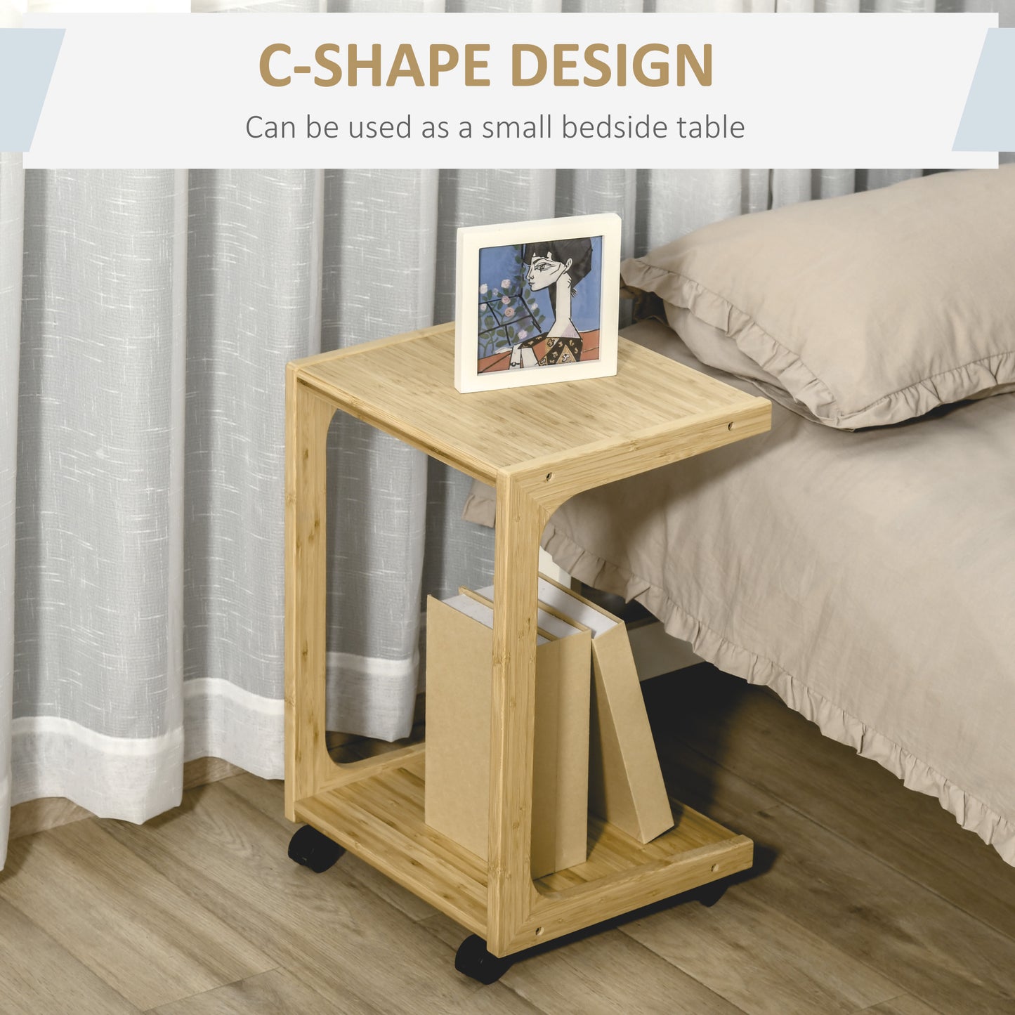 C-Shaped Side Table, Mobile End Table, Under Sofa Table with Wheels, Natural Bamboo Frame for Living Room, Bedroom