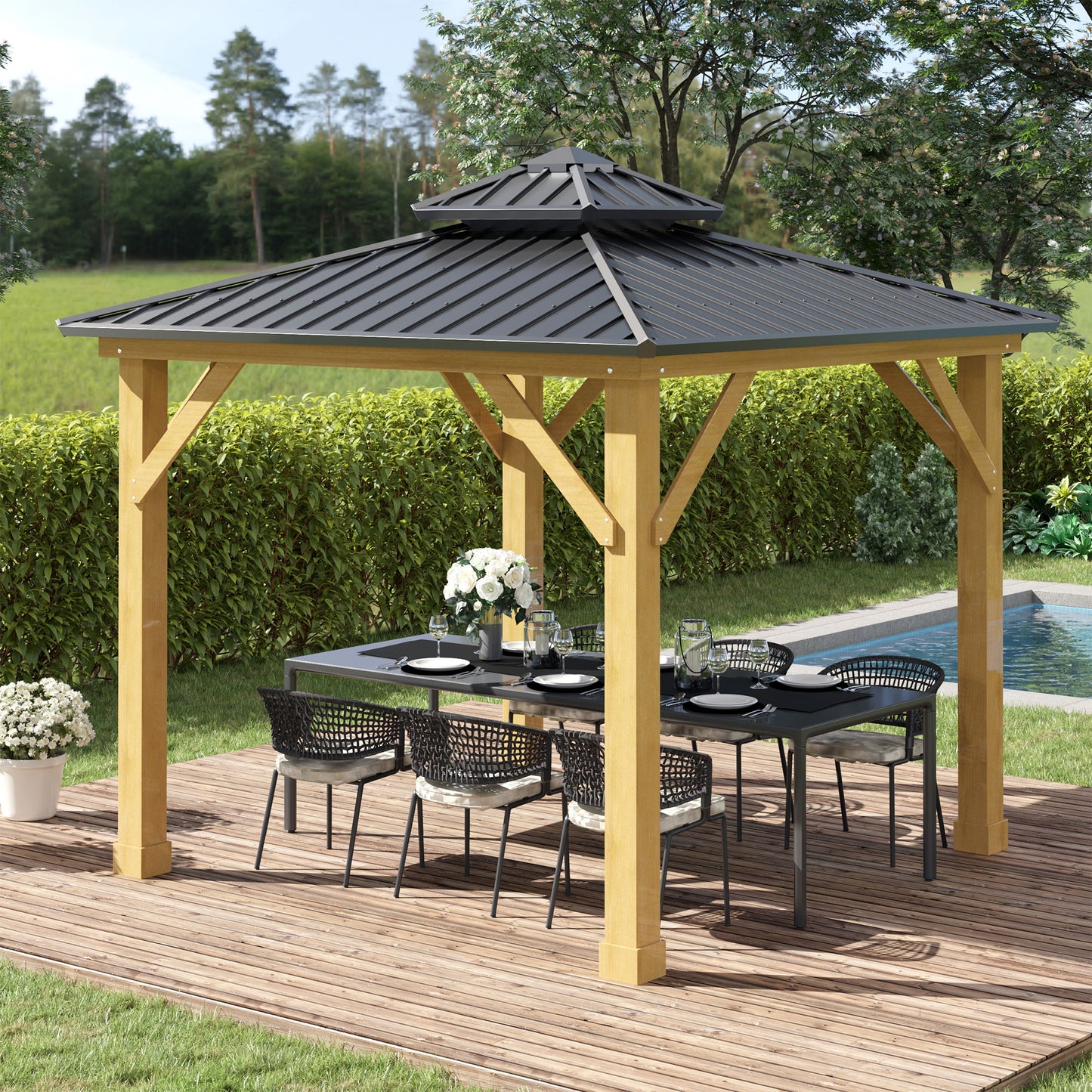Outdoor Hardtop Gazebo Canopy with 2-Tier Roof and Solid Wood Frame Outdoor Patio Shelter for Patio, Garden, Grey 3x(3)M
