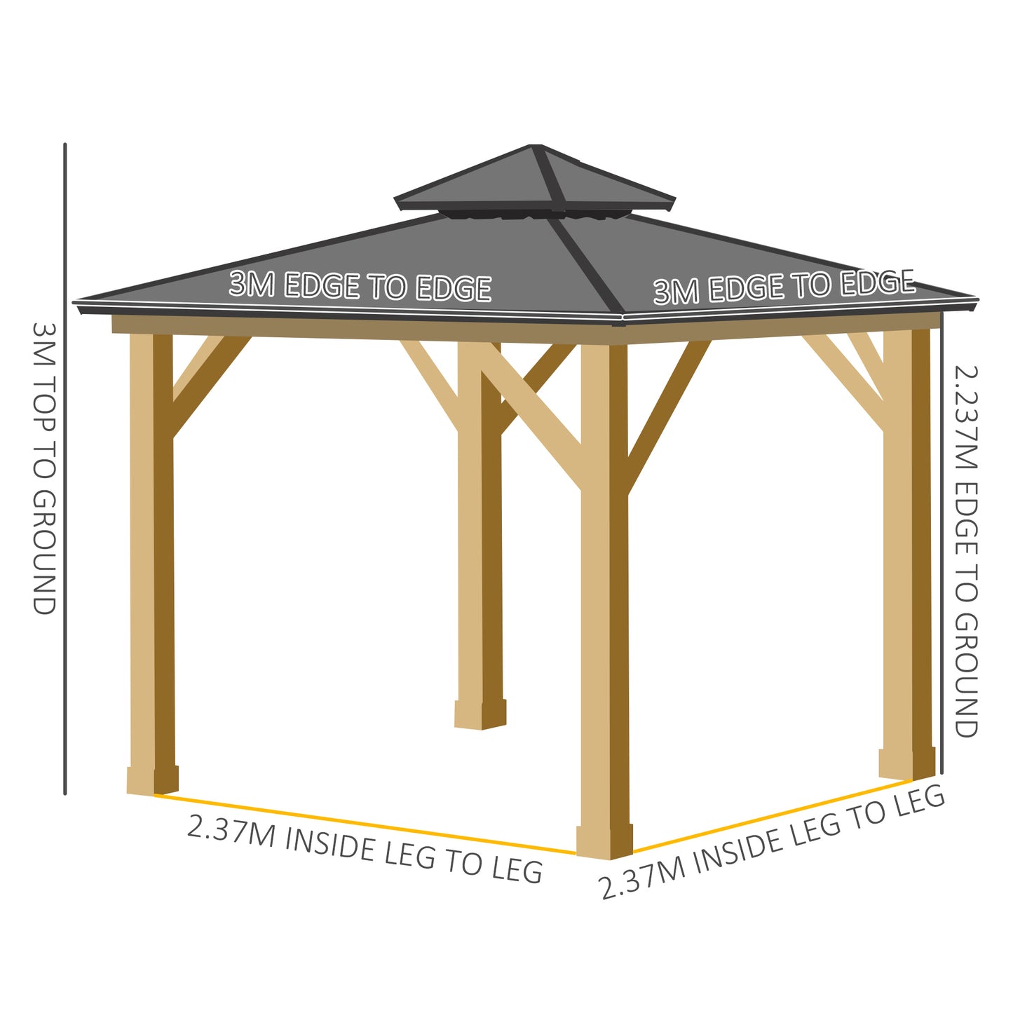 Outdoor Hardtop Gazebo Canopy with 2-Tier Roof and Solid Wood Frame Outdoor Patio Shelter for Patio, Garden, Grey 3x(3)M