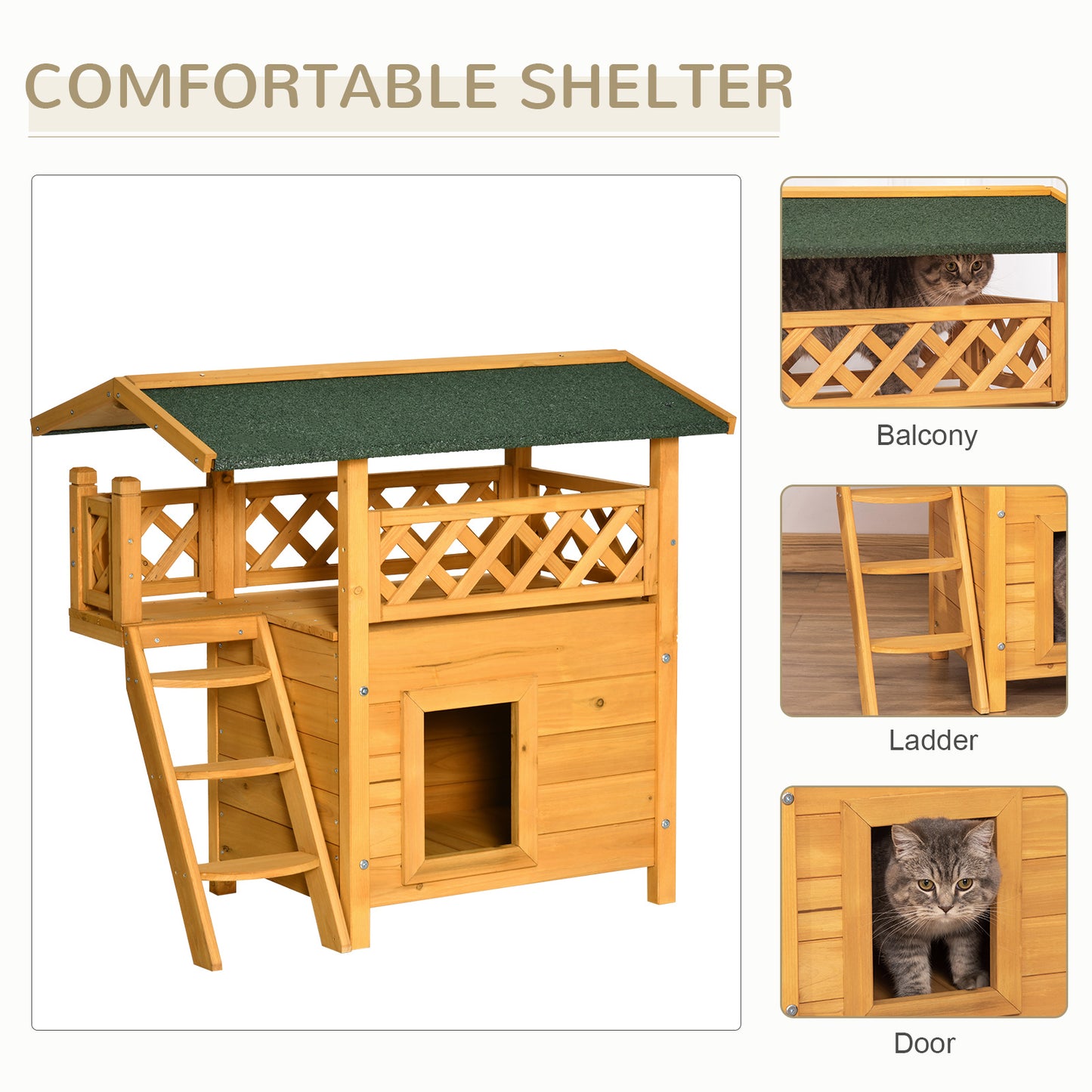 Outdoor Cat Kitten Puppy Dog Shelter House Home Kennel With Balcony Stairs Asphalt Roof, 77 X 50 X 73 CM Natural