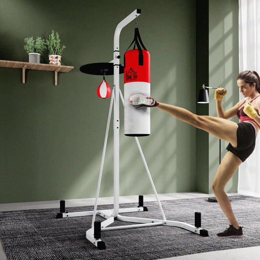 Freestanding Boxing Punch Bag & Speed Ball Station Hanging Frame Training Exercise Platform Home Gym Heavy Duty, White