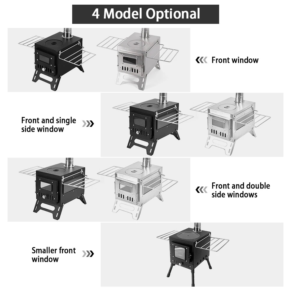 Outdoor Wood Burning Stove Firewood Stainless Steel Foldable Heater Portable Off Grid Stove For Camping With Tent Fire Window