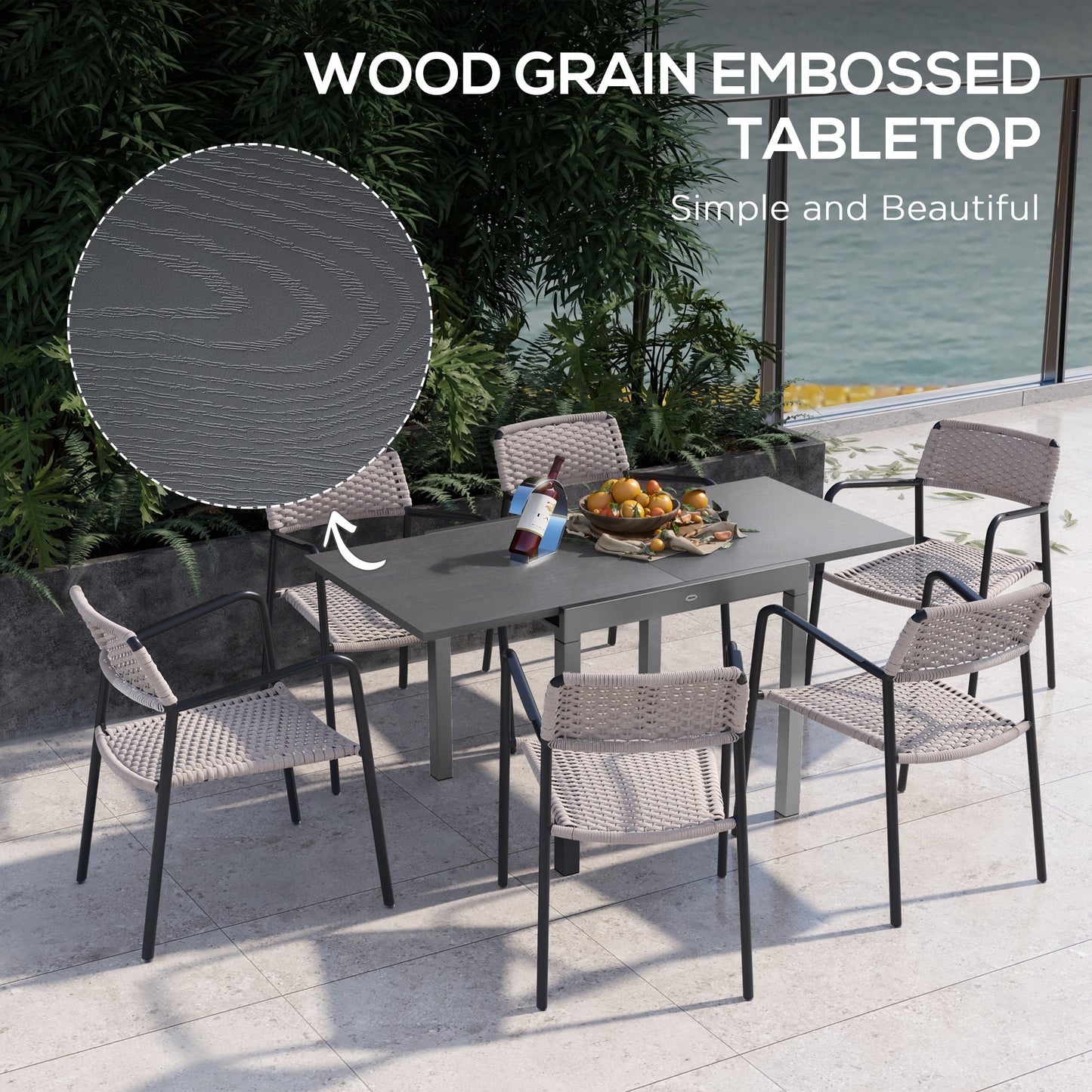 Outsunny Extendable Garden Table for 6 with Aluminium Frame, Steel Tabletop, Dark Grey