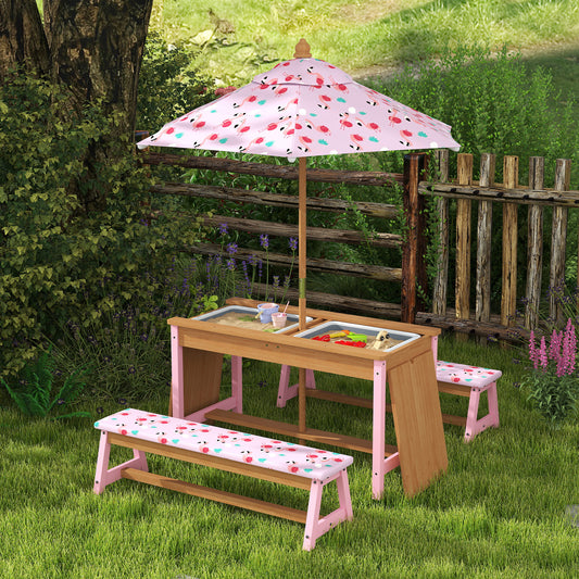 AIYAPLAY Kids Picnic Table Set with Removable & Foldable Umbrella, Cushions, Storage Boxes, Flamingo Theme, Pink