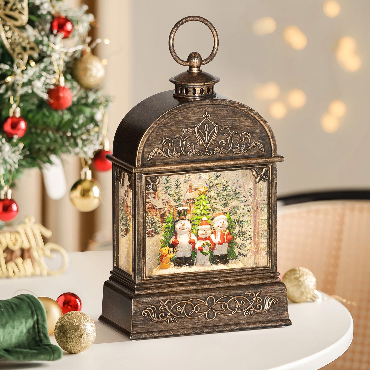 Christmas Snow Globe Lantern with Lights and Music, Swirling Glitter, Battery Operated Musical Decoration for Holiday Party Gift, Bronze Tone
