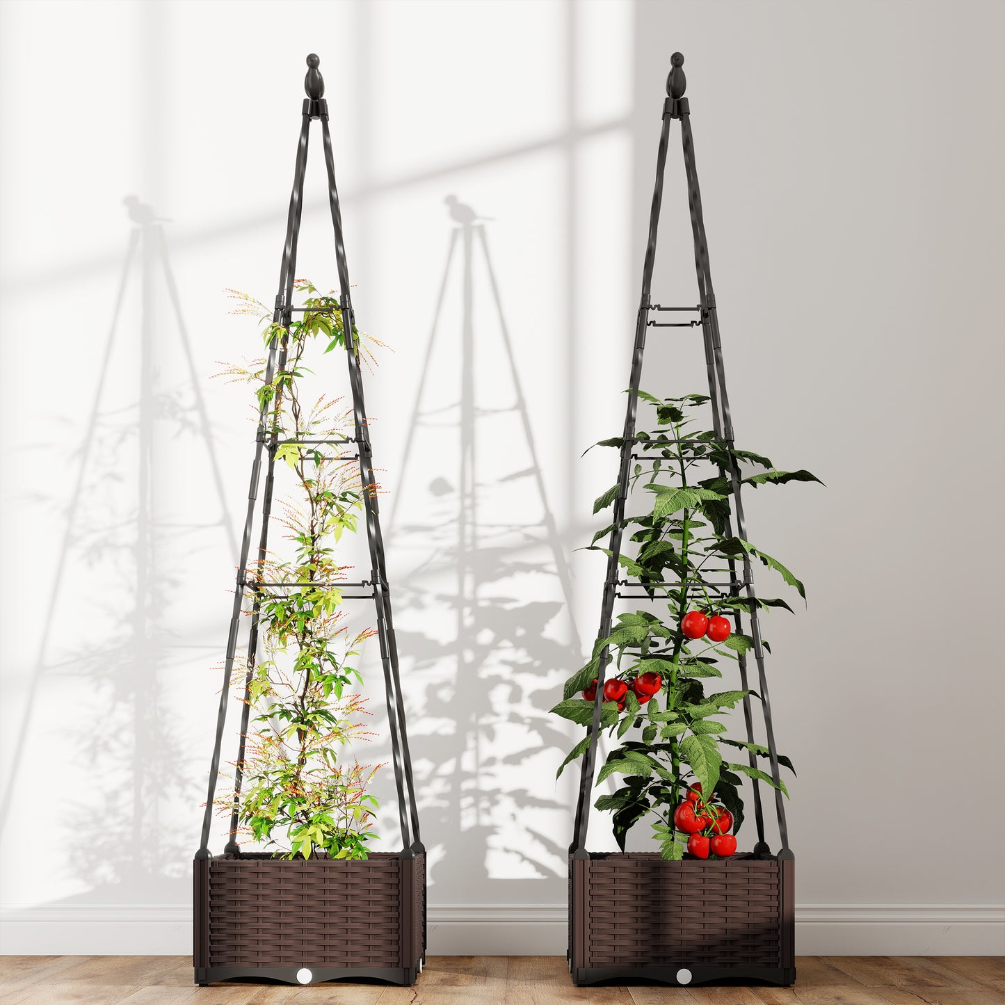 Rattan-Look PP Raised Planter with Tall Trellis | Self-Watering Reservoir | 24.6L | Drainage Holes & Plugs | Tool-Free Assembly | 40x40x175cm | Tomatoes Herbs & Climbers | Black