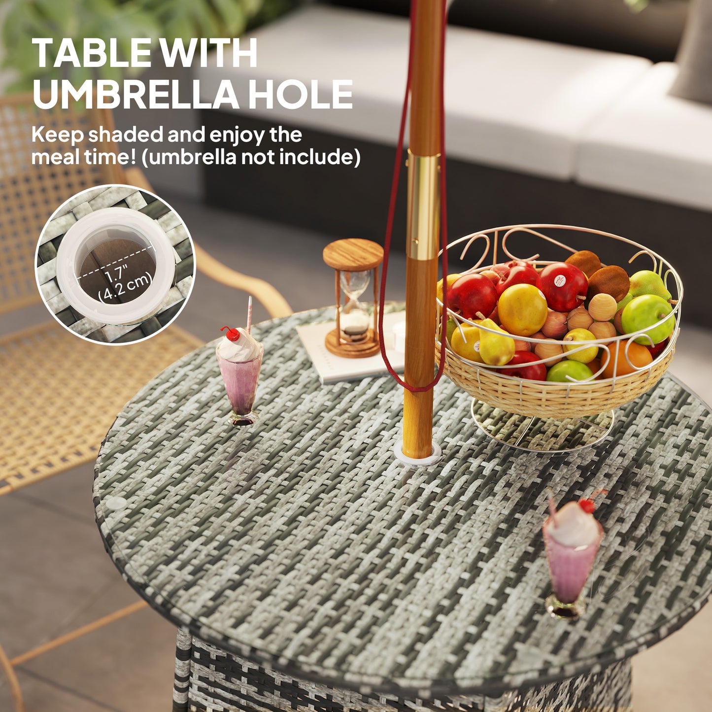 Outsunny Wicker Garden Rattan Table, Patio Furniture Outdoor Coffee Table with Umbrella Hole and Tempered Glass Top, Grey / Brown