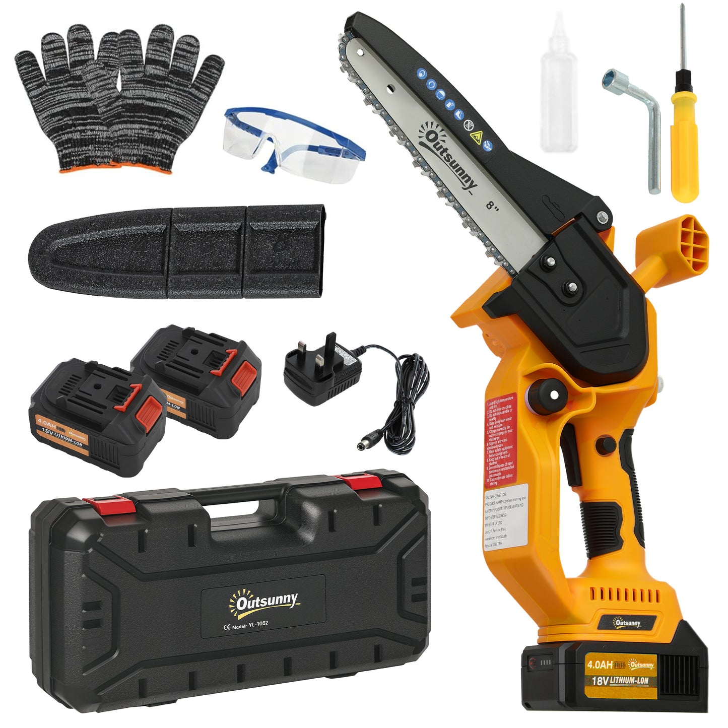 8 Inch Electric Chainsaw, Cordless Chain Saw with Brushless Motor, 2 x 4.0Ah Batteries and Safety Lock, Handheld Portable Wood Pruning Saw
