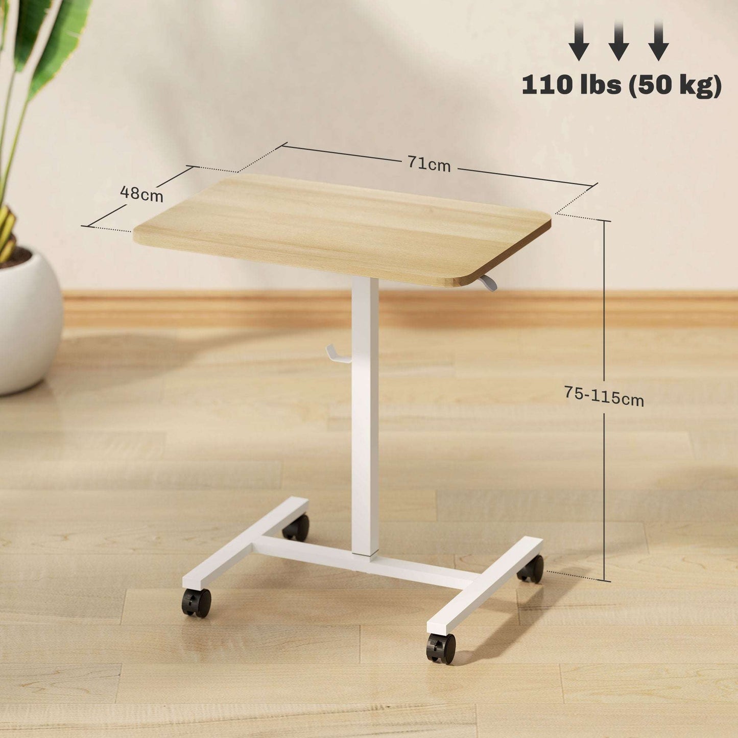 Height Adjustable Standing Desk, Pneumatic Sit Stand Desk for Laptop, Mobile Overbed Table W/ Wheels And Headphone Hook for Home Office