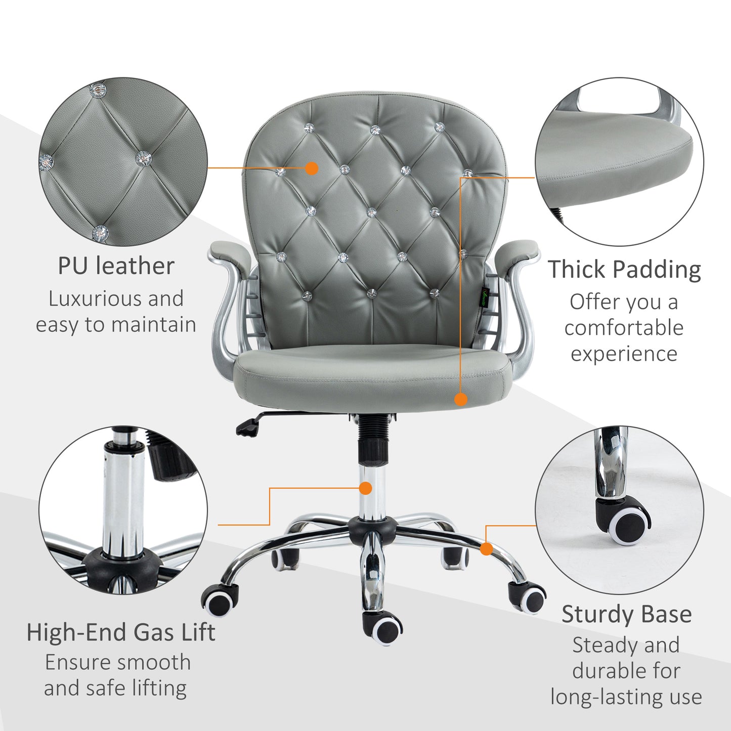 Vinsetto Retro Vintage Style Office Chair Ergonomic 360° Swivel PU Diamante Padded Base 5 Castor Wheels for Home Work Grey