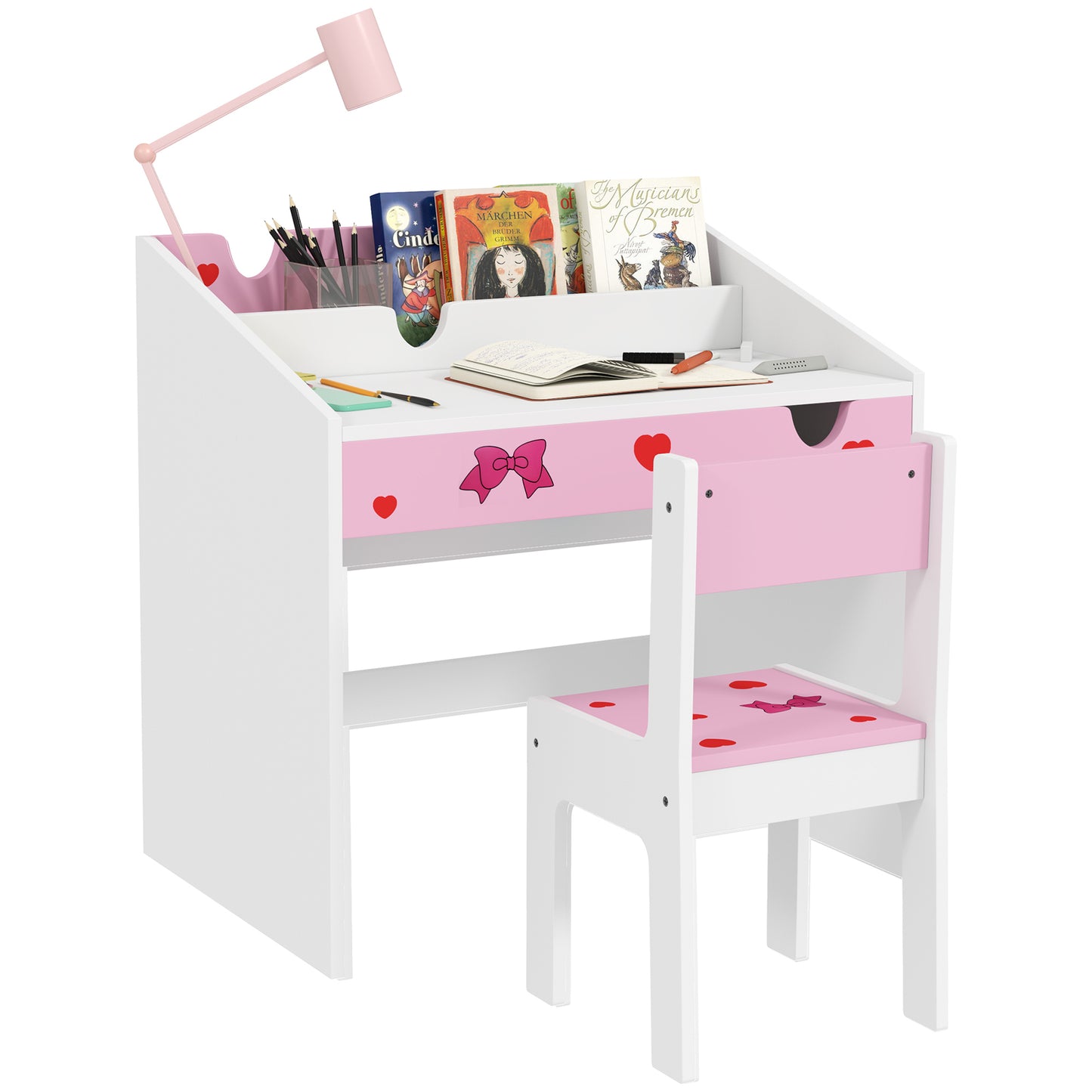 AIYAPLAY Children Study Table and Chair, Kids Desk and Chair Set with Storage, Pull-out Drawer, Gift for 3-6 Years Old - Grey / Pink
