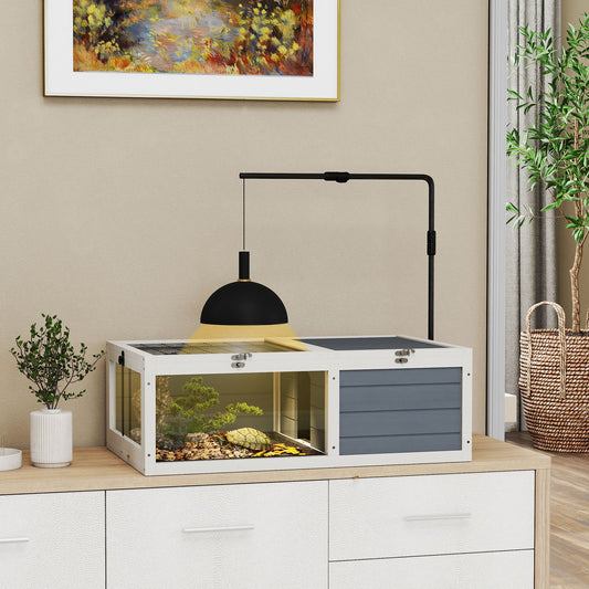 PawHut Tortoise Table with Adjustable Lamp Holder, Wooden Tortoise House w/ Openable Lids, Pull-Out Trays - Grey