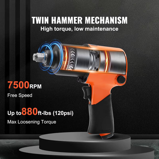 Air Impact Wrench 1/2" Square Drive Air Impact Driver Gun up to 880Ft-Lbs Nut-Busting Torque 7500RPM Lightweight Pneumatic Tool