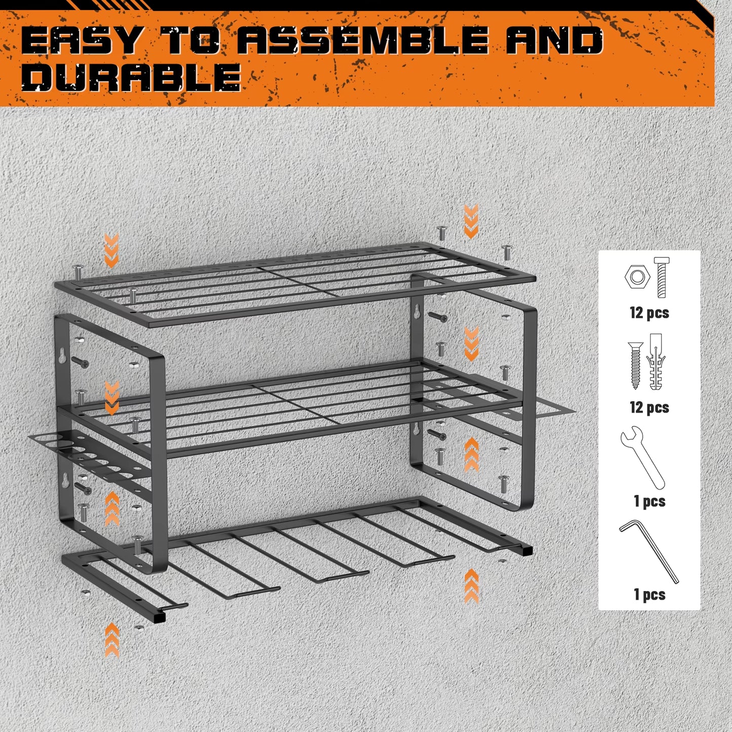 3-Tier Power Tool Storage, Heavy Duty Metal Tools Shelf Organiser Rack For 4 Drill Tools, Toolbox, Screwdrivers, Pliers