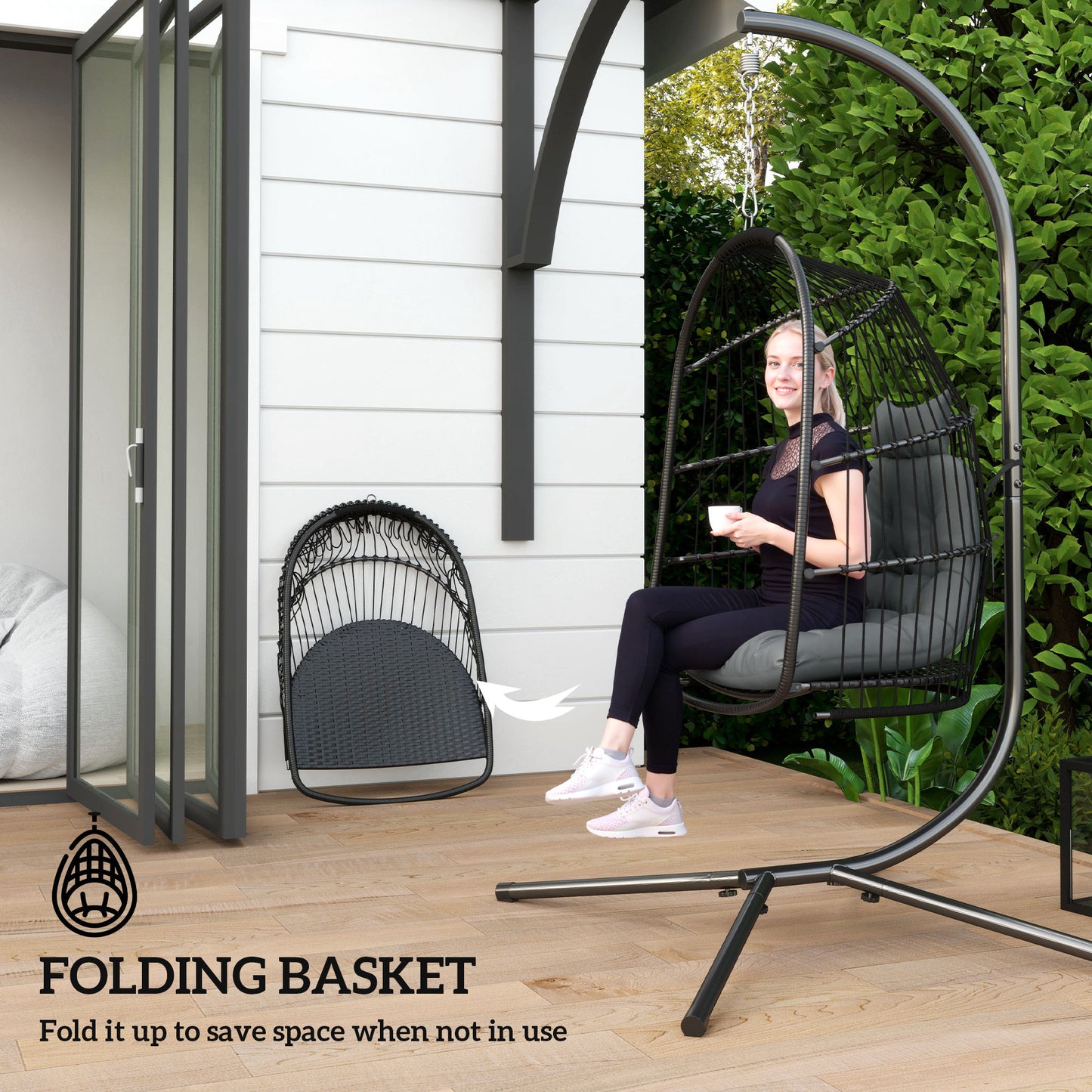 Hanging Egg Chair Outdoor Indoor Rattan Swing Chair with Installation Kit, Foldable Garden Hanging Seat with Thickened Cushion, Headrest