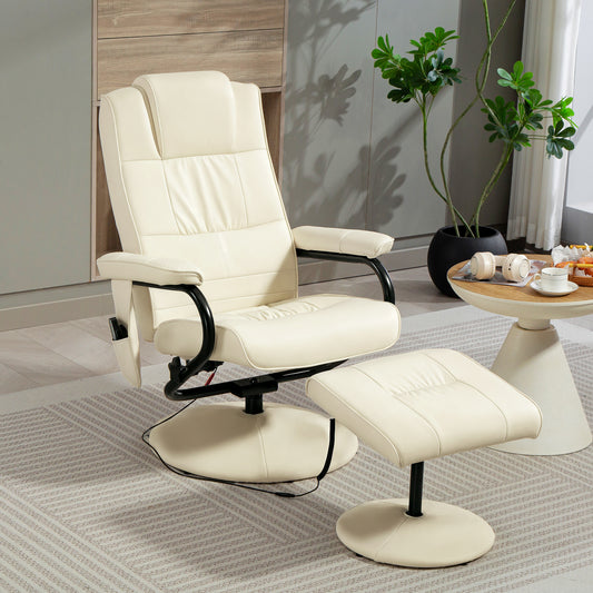 Swivel Recliner Chair and Footstool, Faux Leather Massage Recliner Armchair with Remote Control and Round Wrapped Base, Cream White