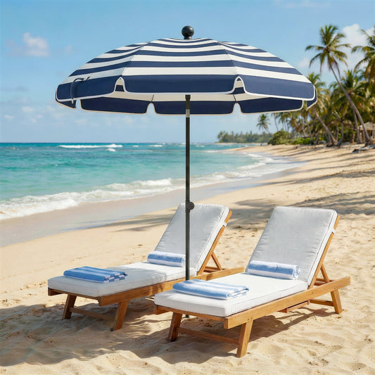 Beach Umbrella Parasol | 1.8m | 30° Tilt | UPF30+ | 130-210cm Adjustable | Sand Anchor | Carry Bag | Blue & White