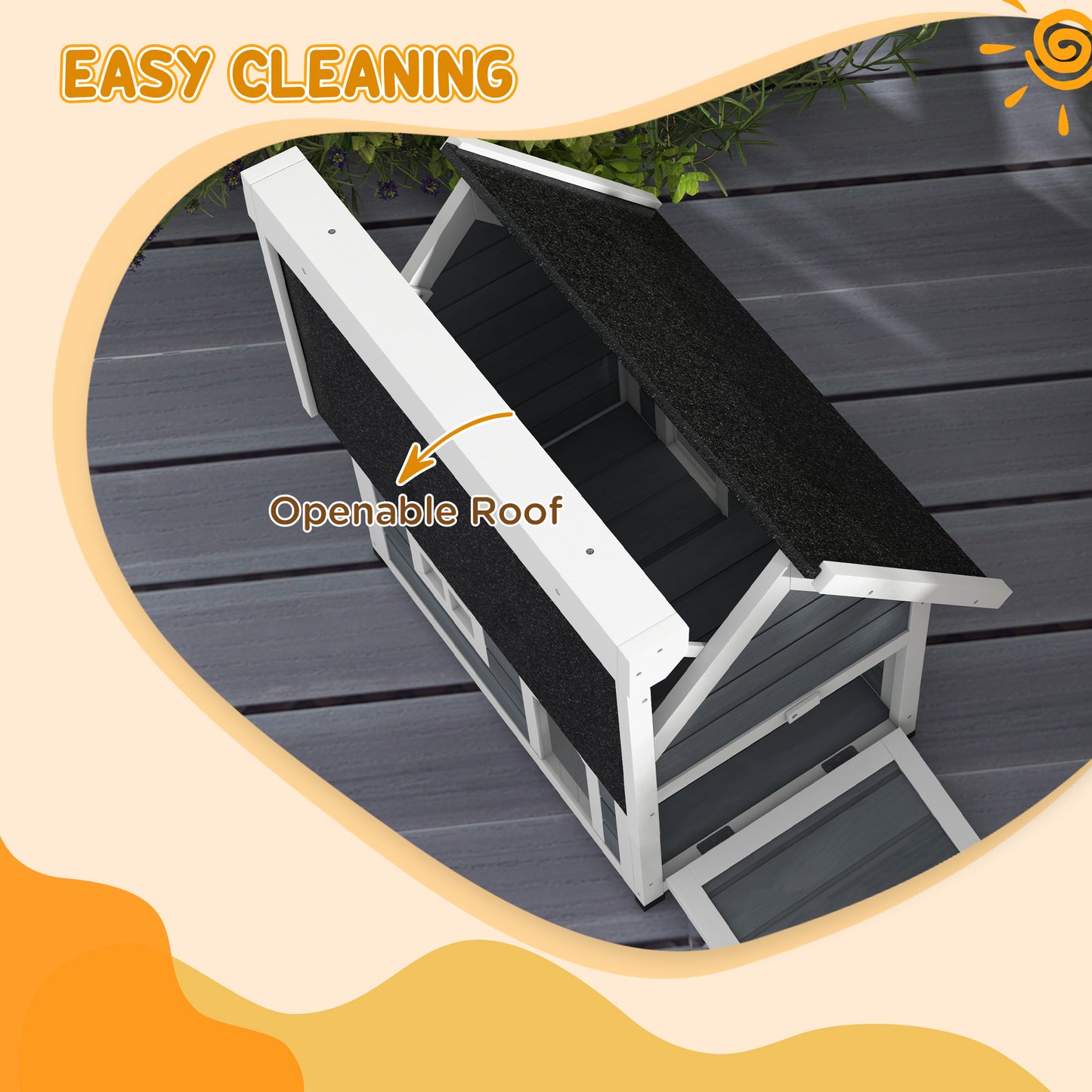 PawHut Outdoor Cat House, Wooden Feral Cat Shelter Waterproof Hide House with Openable Asphalt Roof and Three Doors, 77 x 57.5 x 68cm, Grey