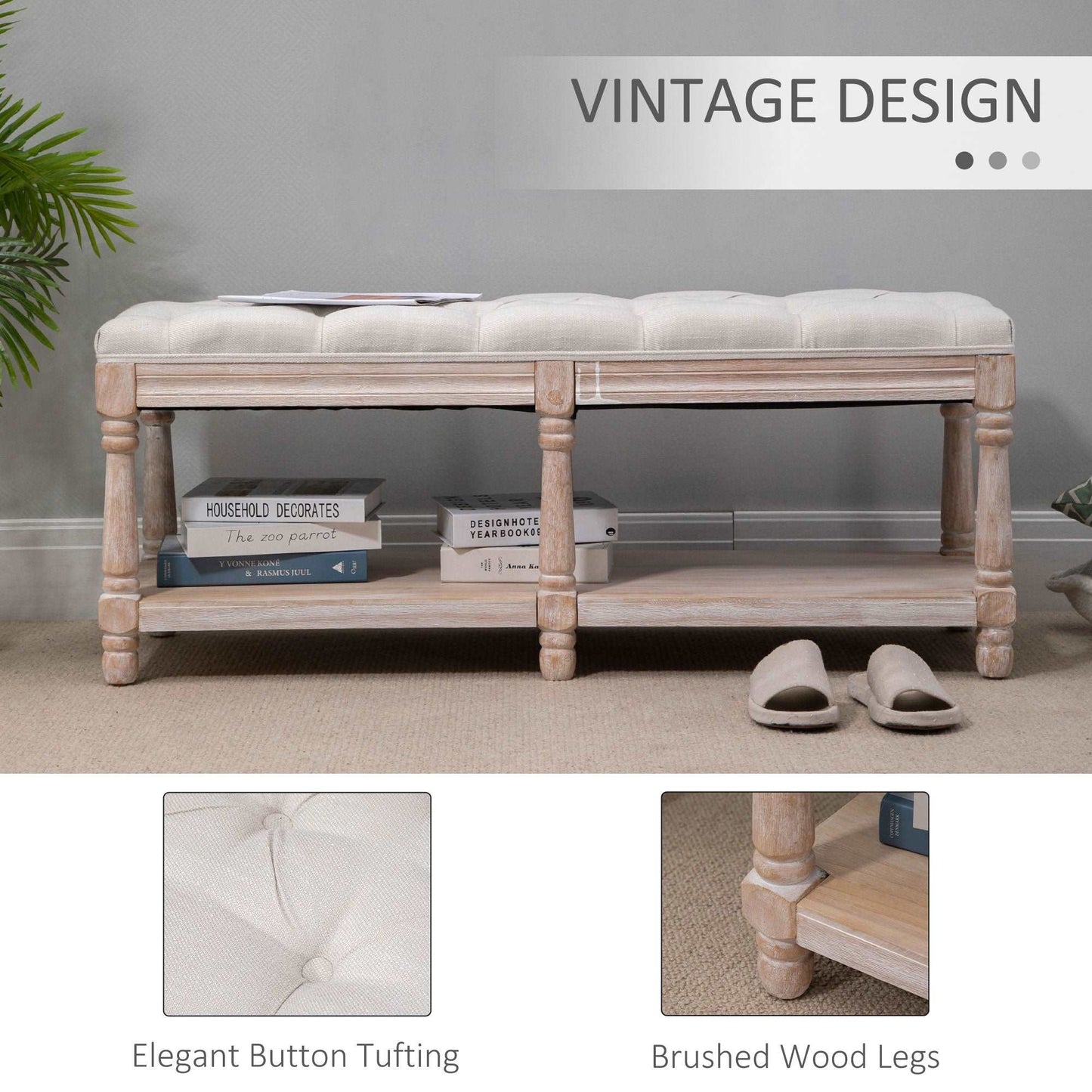 2 Tier Shoe Rack Bench with Button Tufted Upholstered Cushion, Vintage Bed End Bench, Wooden Window Seat for Hallway, Living Room, Cream White