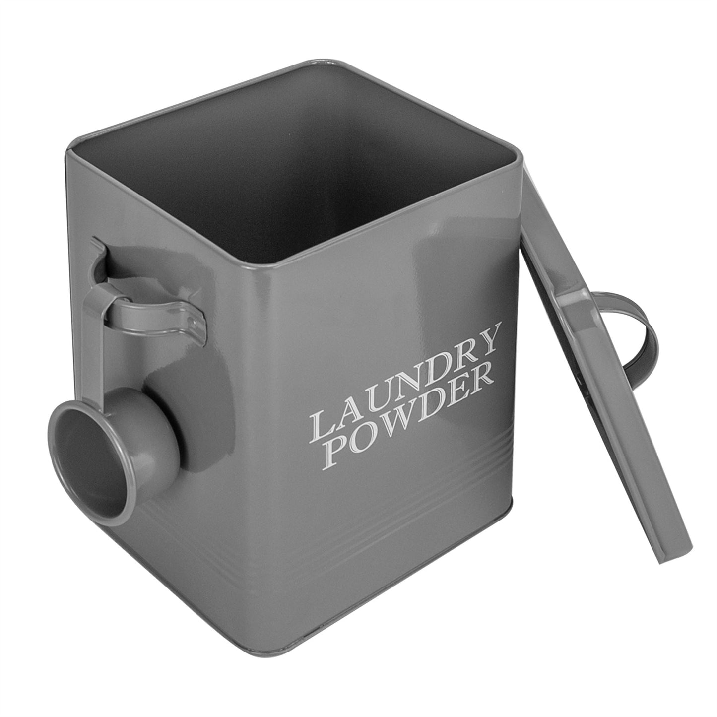 Laundry Powder Storage Tin | Powder-Coated Steel | Secure Lid | Side Carry Handles | 83.5ml Scoop Included | 26x20x15cm | 2-Year Warranty | Grey