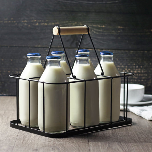 Maison & White 6 Bottle Milk Crate | Vintage-Style Iron Bottle Carrier with Pine Wood Handle | Kitchen Storage & Display
