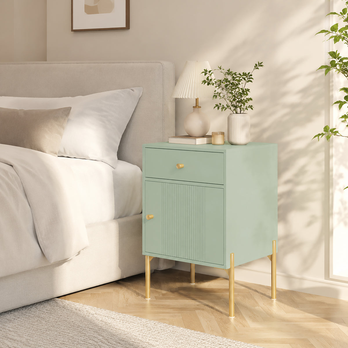 Set of 2 Modern End Tables | Light Green | Particleboard Metal Legs | 40x35x60cm Each | Drawer Cabinet & Shelf | 40kg | Melamine Surface | Metal Slide Runners | Living Room Bedroom