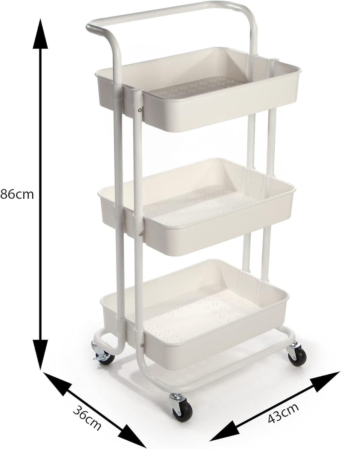 3-Tier Storage Trolley | 4 Wheels with 2 Locks | 10kg Per Tier | ABS Plastic & Steel Frame | Rust & Scratch Resistant | 43x36x86cm | Kitchen Bathroom Bedroom | White