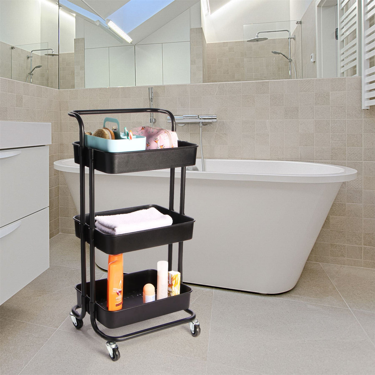 Maison & White 3 Tier Storage Trolley | Black | ABS Plastic & Powder Coated Steel Frame | 43x36x86cm | 4 Rubber Wheels 2 Locking | 10kg Per Tier | Rust & Scratch Resistant | Kitchen Bathroom Bedroom Office | 2-Year Warranty