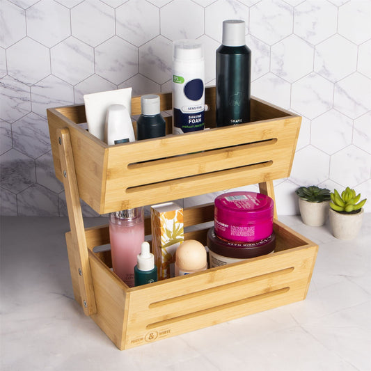 Maison & White 2 Tier Bamboo Storage Basket | Natural Countertop Organiser | Kitchen, Bathroom & Desk Storage | 30cm Wide