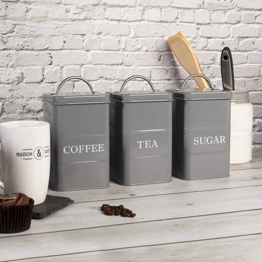 Stainless Steel Tea Coffee Sugar Canisters | Set of 3 | Airtight Lids | Labelled | Vintage Design | 17x10x10cm | 2-Year Warranty | Grey