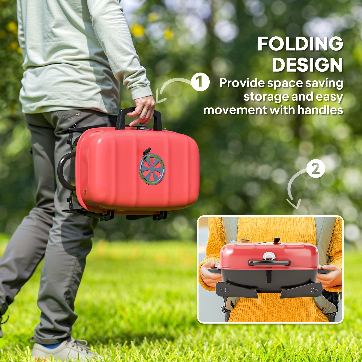 Charcoal Camping Picnic Barbecue Grill Folding BBQ Grill with 1232 cm² Cooking Area, Adjustable Vent, Thermometer, Handles, Red
