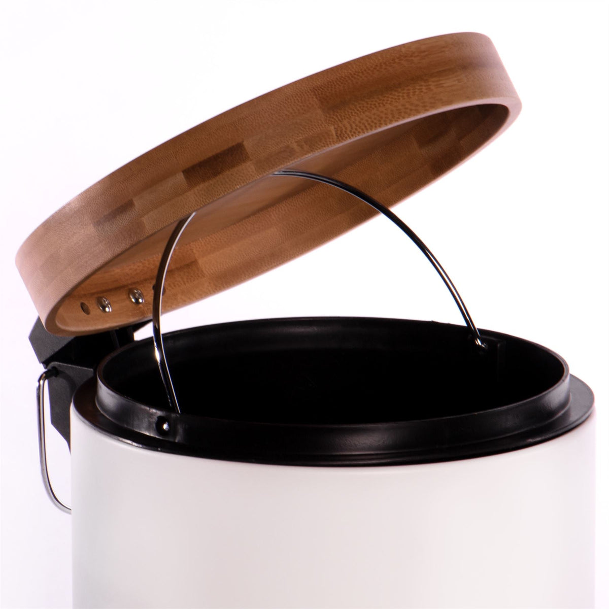 Maison & White 5L Bathroom Bin with Bamboo Lid | Matt White Steel | Foot Pedal | Soft-Close Lid | Removable Inner Basket | Fingerprint Resistant | 27.5x20.5x20.5cm | 2-Year Warranty